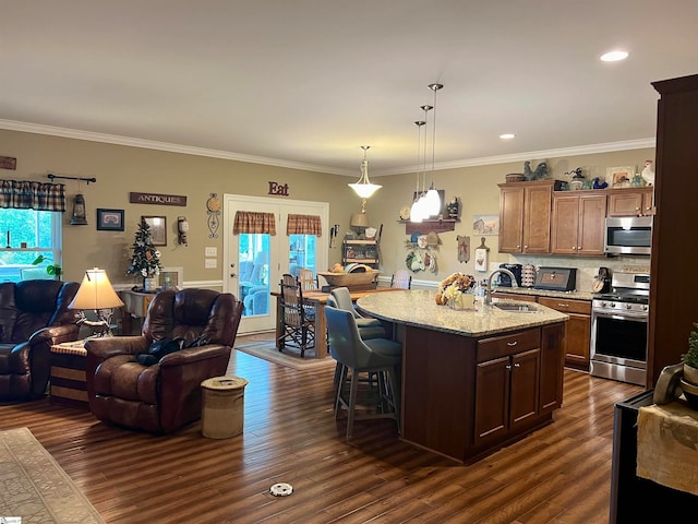 kitchen with dark hardwood / wood-style flooring, stainless steel appliances, plenty of natural light, and a center island with sink