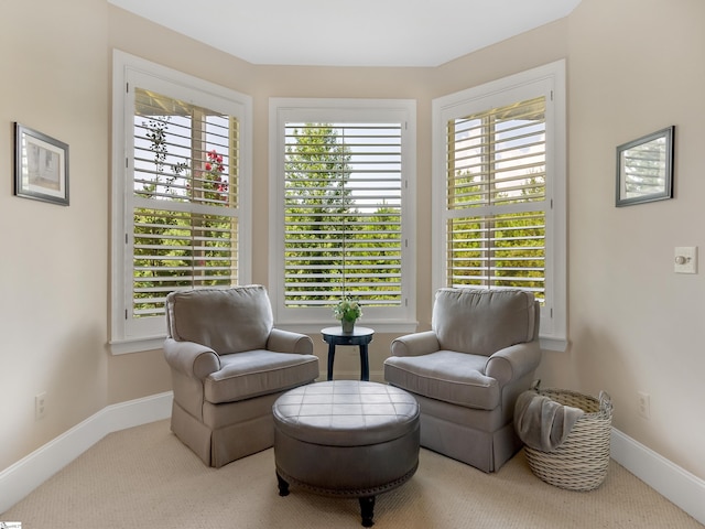 sitting room featuring light colored carpet