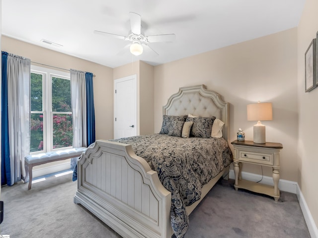 bedroom featuring carpet and ceiling fan