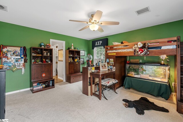 bedroom with light colored carpet and ceiling fan