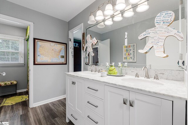 bathroom with vanity and hardwood / wood-style floors