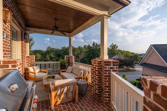 exterior space with outdoor lounge area, ceiling fan, and area for grilling