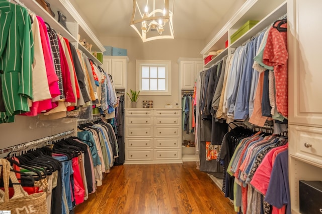 spacious closet featuring dark wood-type flooring and a chandelier