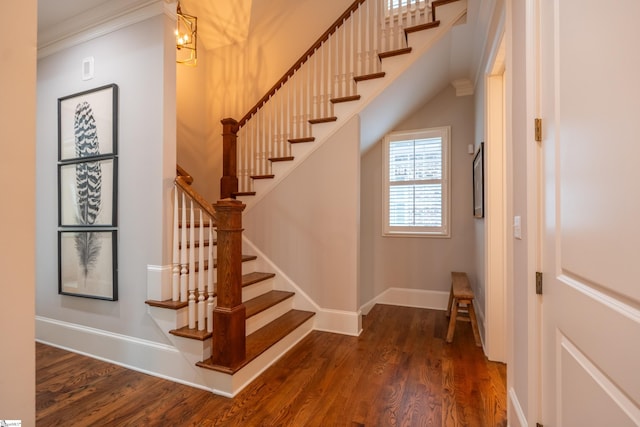 foyer with ornamental molding and dark hardwood / wood-style flooring