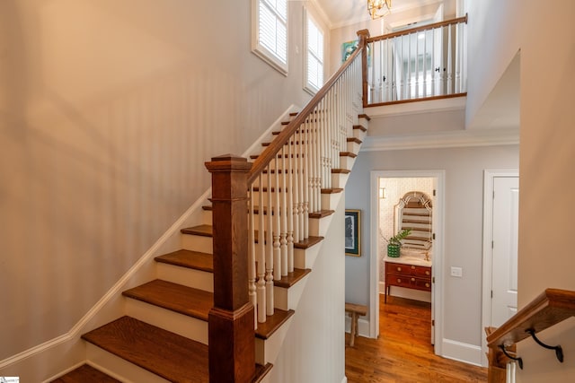 staircase featuring crown molding and hardwood / wood-style floors