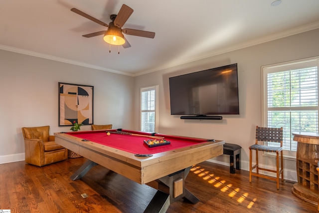 recreation room featuring pool table, dark hardwood / wood-style floors, ornamental molding, and ceiling fan