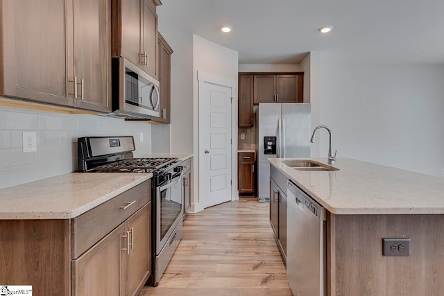 kitchen featuring a center island with sink, light hardwood / wood-style floors, stainless steel appliances, sink, and decorative backsplash