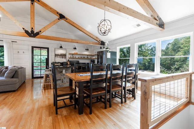248 Bay View Dr, Salem, SC 29676 - dining room featuring visible vents, beam ceiling, an inviting chandelier, light wood finished floors, and high vaulted ceiling