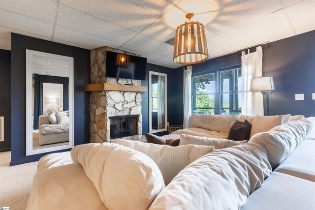 248 Bay View Dr, Salem, SC 29676 - living area featuring a stone fireplace, carpet flooring, and a drop ceiling