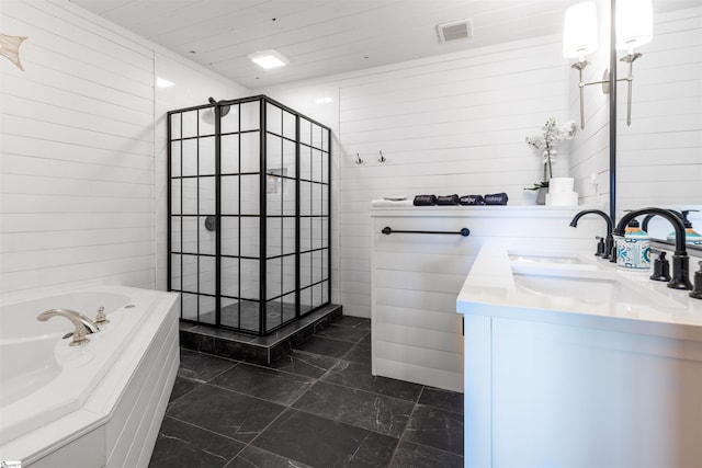 248 Bay View Dr, Salem, SC 29676 - bathroom featuring visible vents, a tile shower, wood walls, and a bath