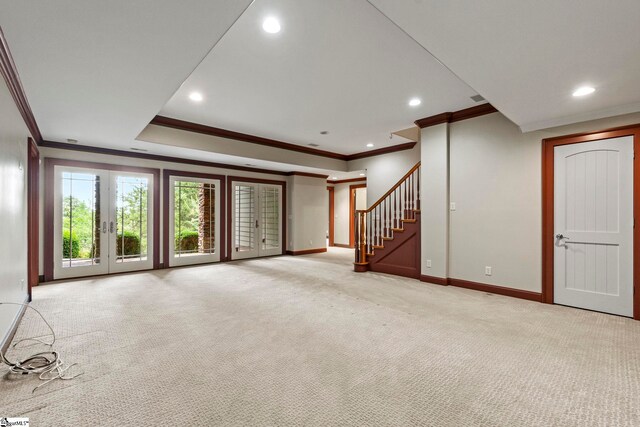 empty room with light carpet and ornamental molding