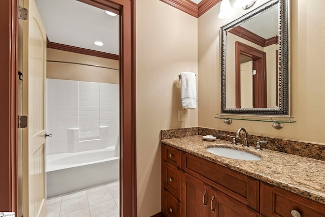 bathroom featuring tile patterned flooring, ornamental molding,  shower combination, and vanity