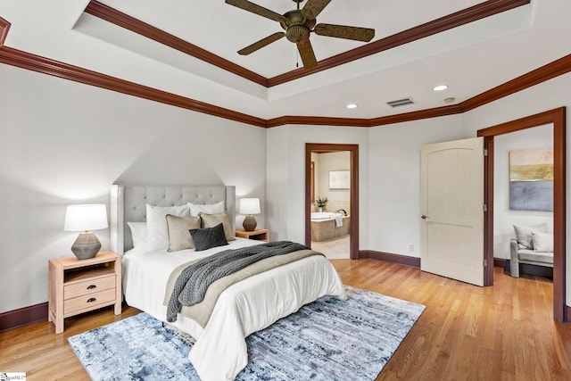 bedroom with light wood-type flooring, crown molding, connected bathroom, and ceiling fan