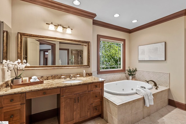 bathroom featuring tile patterned flooring, vanity, ornamental molding, and a relaxing tiled tub