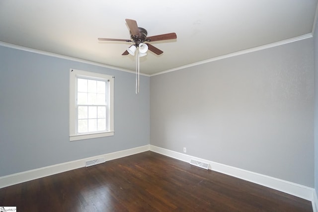 unfurnished room featuring hardwood / wood-style floors, ceiling fan, and crown molding