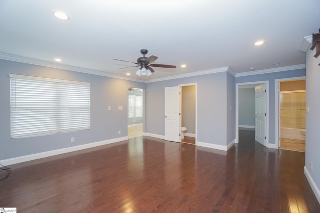 unfurnished room with crown molding, dark hardwood / wood-style flooring, and ceiling fan