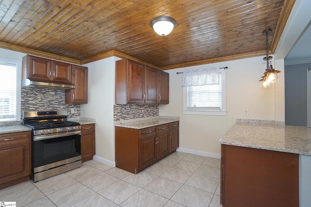 kitchen featuring light tile patterned floors, plenty of natural light, stainless steel gas stove, and tasteful backsplash