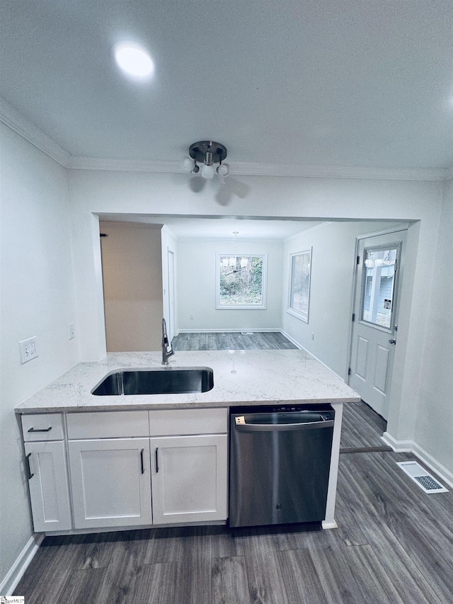 kitchen featuring stainless steel dishwasher, dark hardwood / wood-style flooring, white cabinetry, and sink