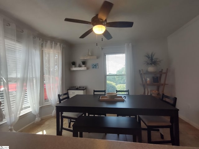 362 Green Hill Dr, Anderson, SC 29621 - dining space featuring a ceiling fan, baseboards, and light tile patterned floors