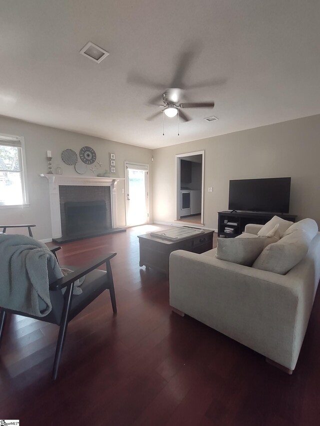 362 Green Hill Dr, Anderson, SC 29621 - living room with a fireplace, wood finished floors, a wealth of natural light, and ceiling fan