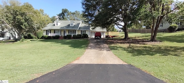 cape cod-style house featuring a garage, a front lawn, and covered porch