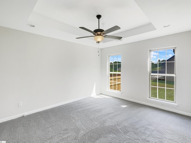 carpeted empty room with baseboards, a raised ceiling, plenty of natural light, and a ceiling fan