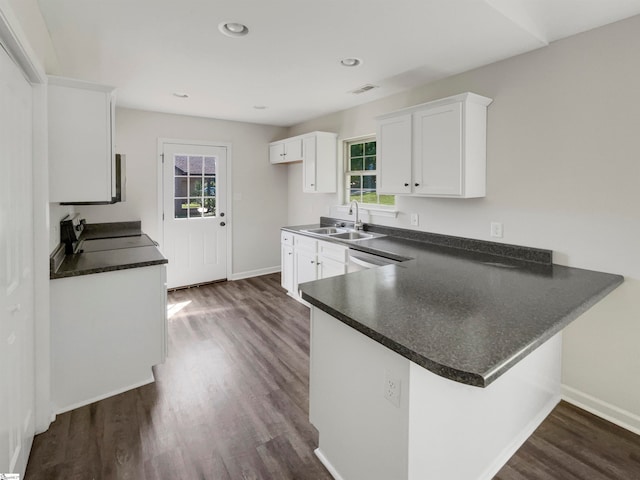 kitchen with white cabinetry, kitchen peninsula, sink, dark hardwood / wood-style floors, and range