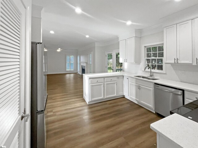 kitchen with stainless steel appliances, sink, dark hardwood / wood-style floors, and white cabinetry