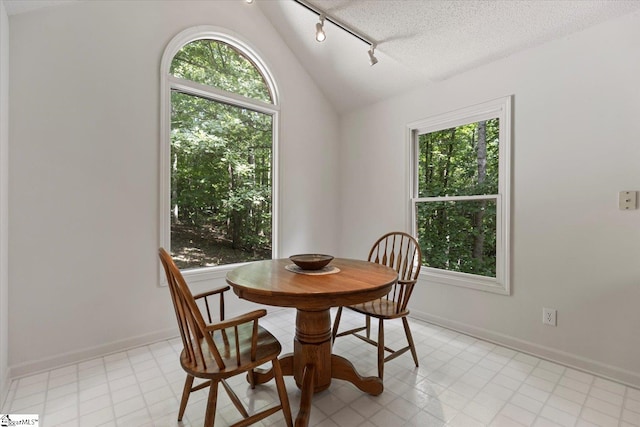 dining space with track lighting, lofted ceiling, and a textured ceiling