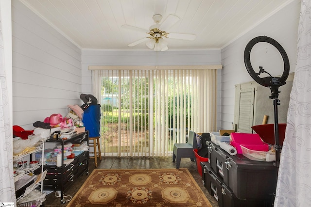 recreation room with ceiling fan, ornamental molding, and wooden walls