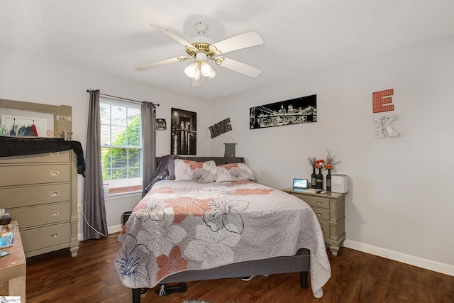 bedroom featuring dark wood-type flooring and ceiling fan