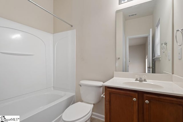 full bathroom with vanity, toilet, and bathing tub / shower combination