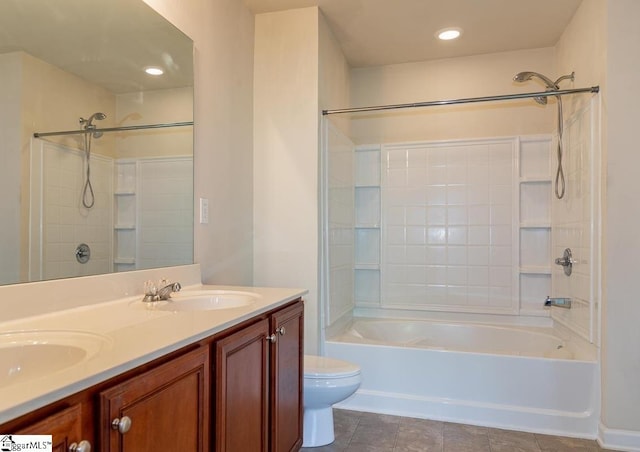 full bathroom featuring bathtub / shower combination, tile patterned flooring, toilet, and vanity