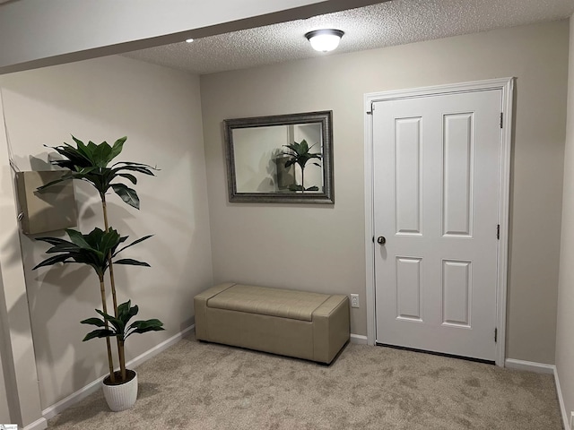 living area featuring light carpet and a textured ceiling