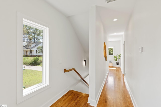 hall featuring a healthy amount of sunlight and light hardwood / wood-style floors