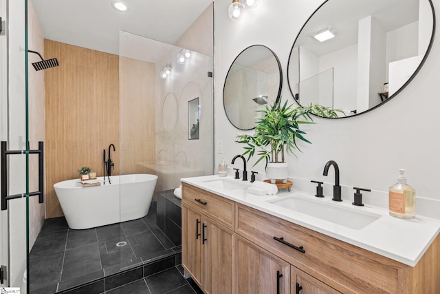 bathroom featuring vanity, independent shower and bath, and tile patterned floors