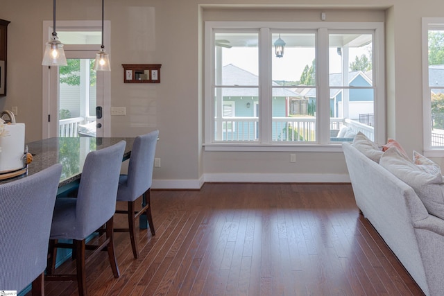 dining area with plenty of natural light and dark hardwood / wood-style floors