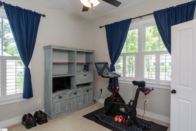 workout area with carpet flooring and ceiling fan