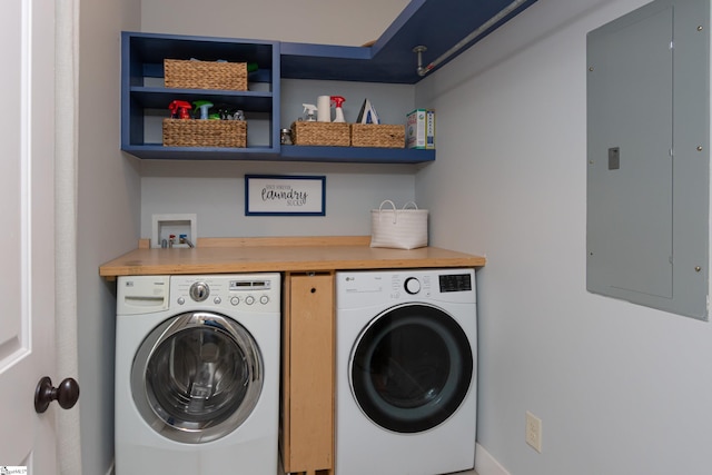 clothes washing area featuring electric panel and washer and clothes dryer