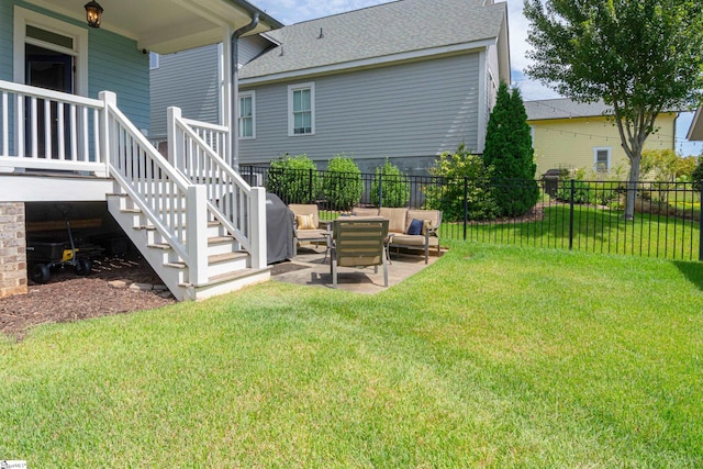 view of yard with an outdoor hangout area and a patio