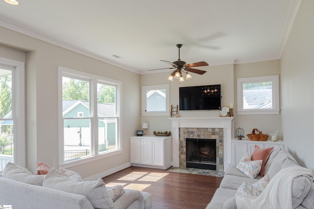 living room featuring a tiled fireplace, plenty of natural light, wood-type flooring, and crown molding