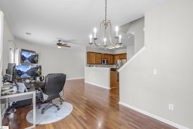 office featuring dark hardwood / wood-style floors and ceiling fan with notable chandelier