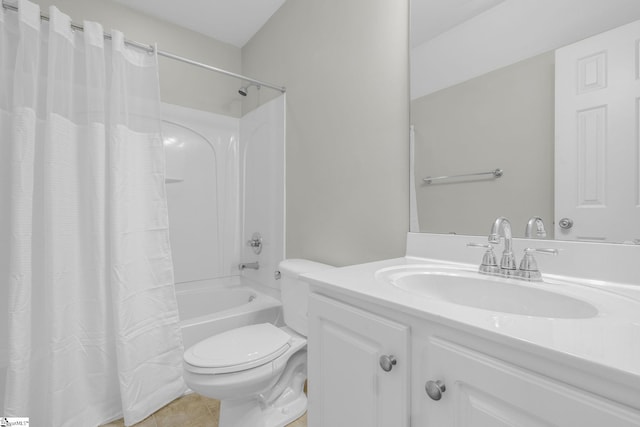 full bathroom featuring vanity, toilet, tile patterned floors, and shower / bathtub combination with curtain