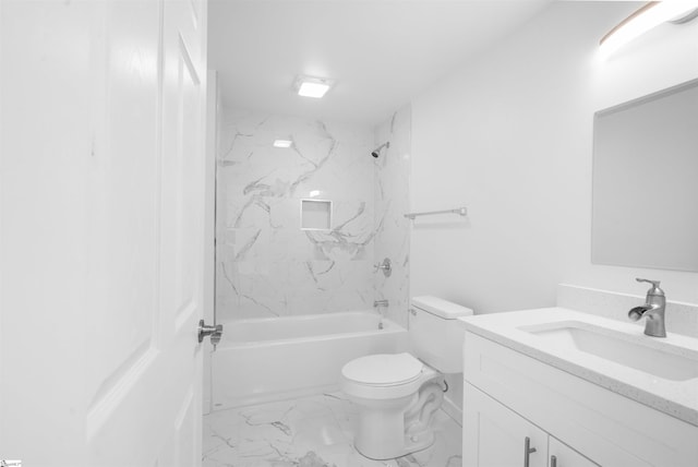 full bathroom with marble finish floor, shower / bathing tub combination, vanity, and toilet