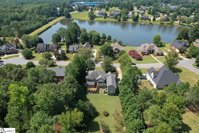 drone / aerial view with a water view