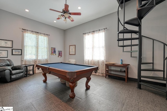 rec room with pool table and ceiling fan