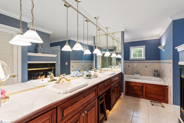 bathroom with tile patterned flooring, a tub to relax in, vanity, crown molding, and tile walls