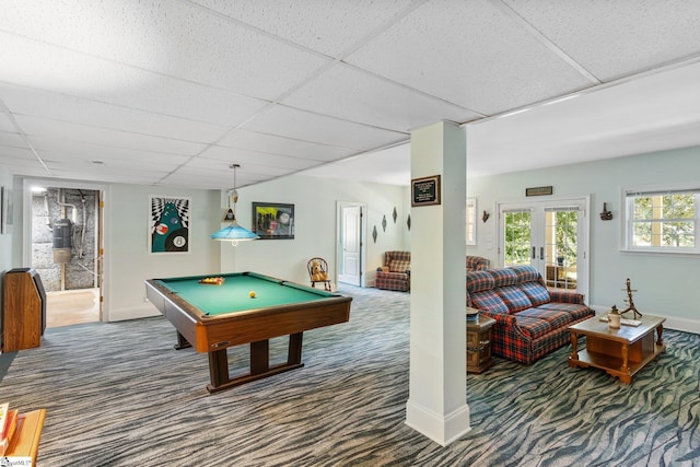 rec room featuring french doors, a paneled ceiling, billiards, and dark carpet