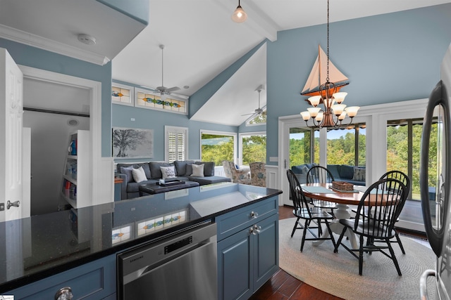 kitchen with ceiling fan with notable chandelier, dark hardwood / wood-style flooring, pendant lighting, blue cabinets, and stainless steel dishwasher