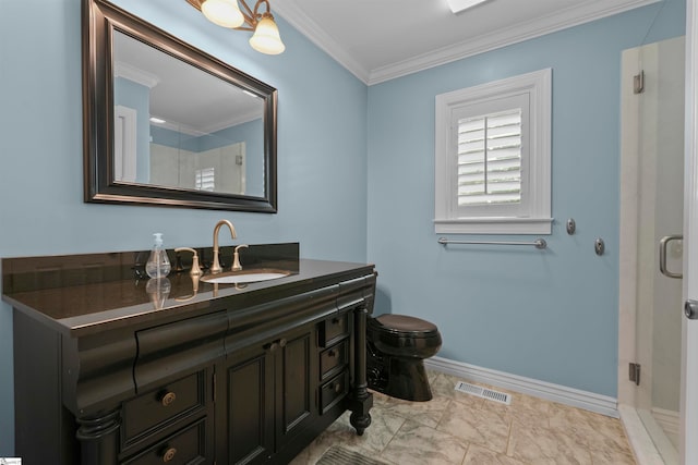 bathroom featuring vanity, toilet, ornamental molding, and a shower